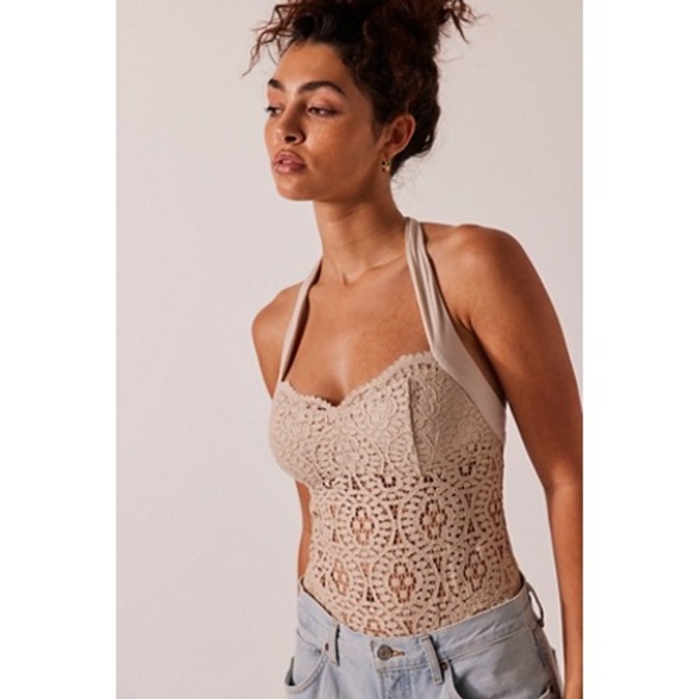 Intimately Free People Golden Hour Lace‎ Halter Bodysuit Tea Neutral Small NWT